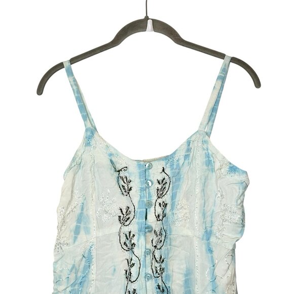 Henna Tie Dye Blue White Boho Button Front Rayon Tie Back Fairy Y2K Dress OS - Picture 3 of 6